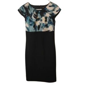 Ann Taylor Black Midi Dress with Blue and White Pattern